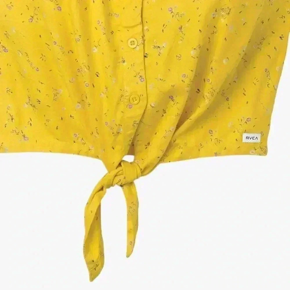 New RVCA Your Escape Yellow Floral Print Knotted Button Up Cropped Tank Top - Picture 4 of 10